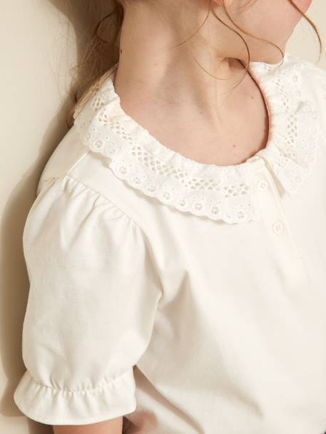 Tee-shirt fille col en broderie anglaise coton bio écru - vertbaudet enfant 