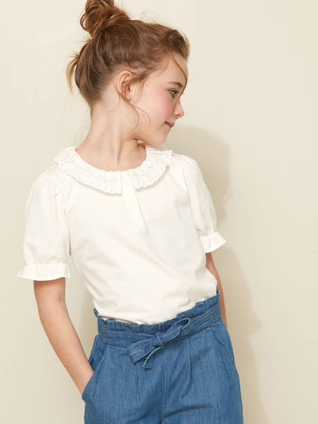 Tee-shirt fille col en broderie anglaise coton bio écru - vertbaudet enfant 