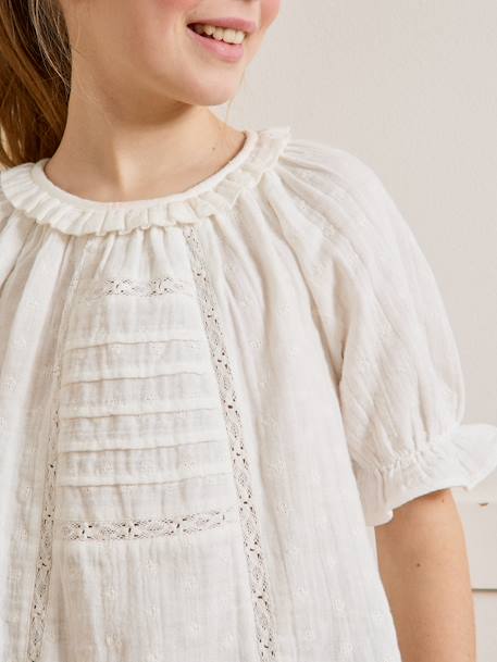 Blouse fille broderie anglaise en gaze de coton écru+vert d'eau - vertbaudet enfant 