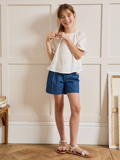 Blouse voor meisjes met Engels borduurwerk in katoenen gaas CYRILLUS blauwgroen+ecru - vertbaudet enfant 