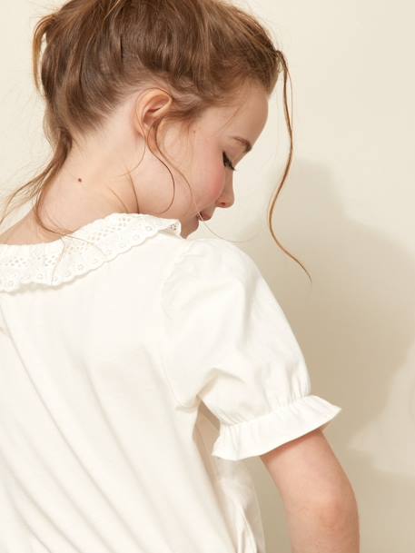 Tee-shirt fille col en broderie anglaise coton bio écru - vertbaudet enfant 