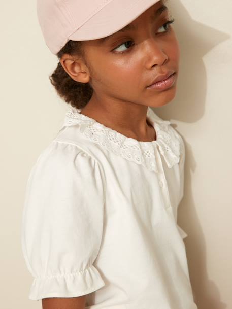 Tee-shirt fille col en broderie anglaise coton bio écru - vertbaudet enfant 