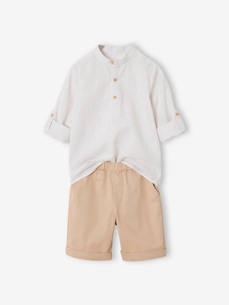 Net jongenshemd, Mao-kraag en korte broek beige+blauw, gestreept - vertbaudet enfant 