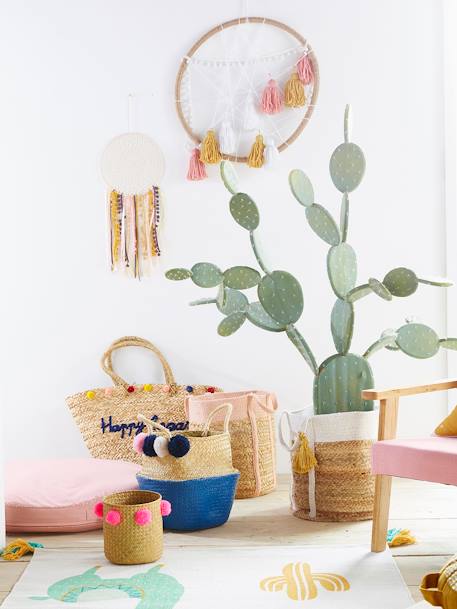 Panier de rangement en jute bicolore avec pompons blanc - vertbaudet enfant 