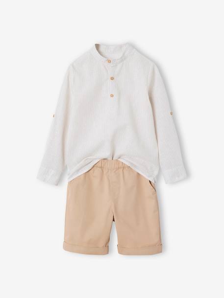 Net jongenshemd, Mao-kraag en korte broek beige+blauw, gestreept - vertbaudet enfant 