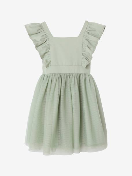 Robe cérémonie fille satin de coton à volants écru+vert sauge - vertbaudet enfant 