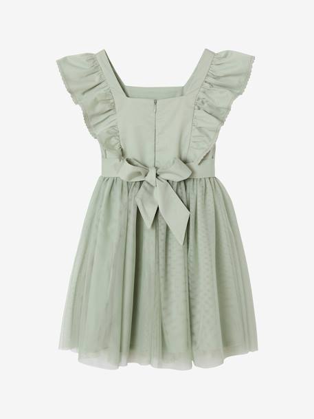 Robe cérémonie fille satin de coton à volants écru+vert sauge - vertbaudet enfant 