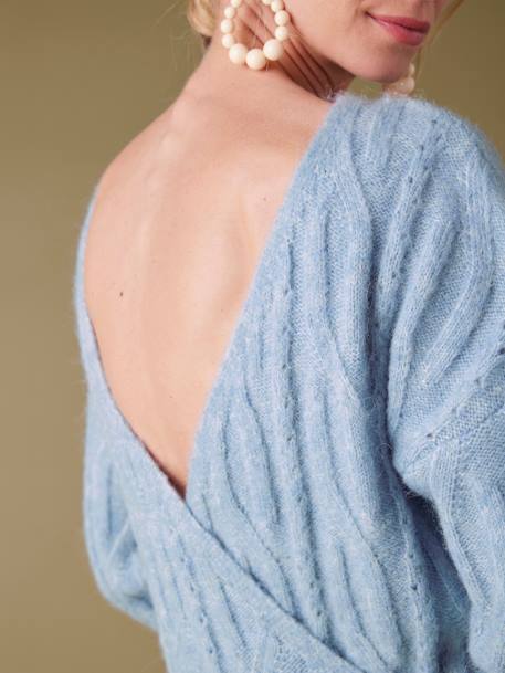 Pull devant/dos maille fantaisie avec Alpaga bleu glacier+framboise - vertbaudet enfant 