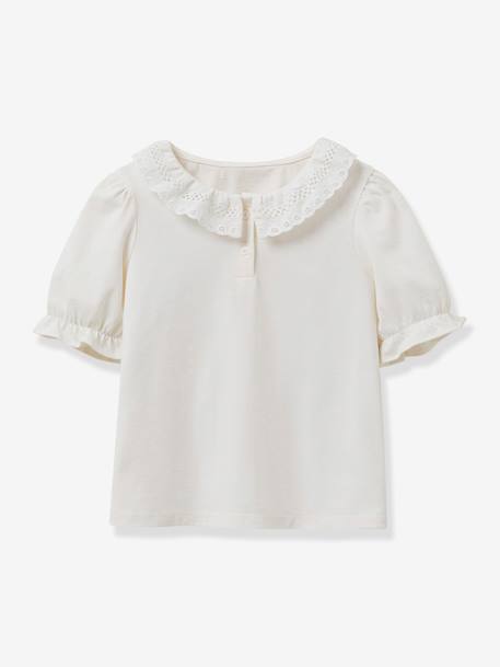T-shirt voor meisjes met een kraag van Engels borduurwerk CYRILLUS van biologisch katoen ecru - vertbaudet enfant 