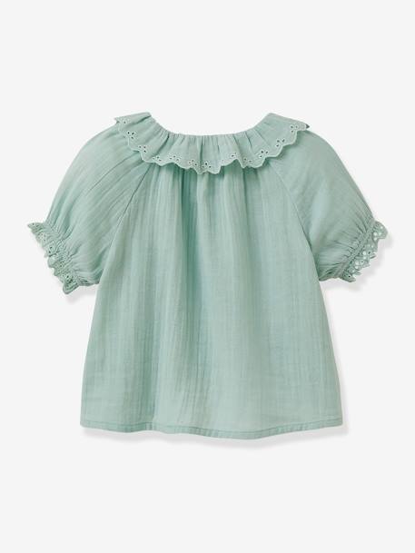 Blouse voor meisjes met Engels borduurwerk in katoenen gaas CYRILLUS blauwgroen+ecru - vertbaudet enfant 