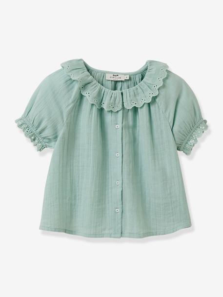 Blouse fille broderie anglaise en gaze de coton écru+vert d'eau - vertbaudet enfant 