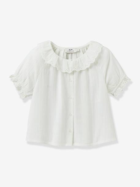 Blouse fille broderie anglaise en gaze de coton écru+vert d'eau - vertbaudet enfant 