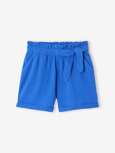 Short en gaze de coton style 'paperbag' fille beige+bleu électrique+corail - vertbaudet enfant 