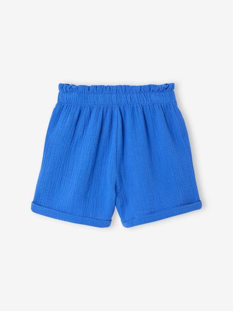 Short en gaze de coton style 'paperbag' fille beige+bleu électrique+corail - vertbaudet enfant 