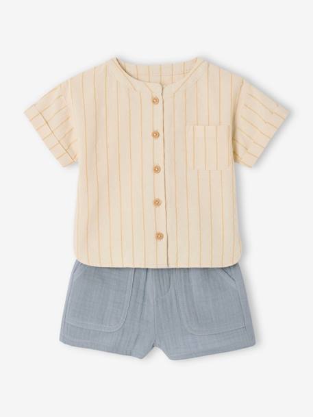 Ensemble bébé chemise rayée effet lin + short en gaze bleu grisé - vertbaudet enfant 