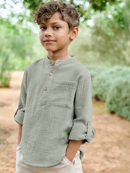 Chemise en gaze de coton personnalisable garçon manches retroussables écru+vert d'eau - vertbaudet enfant 