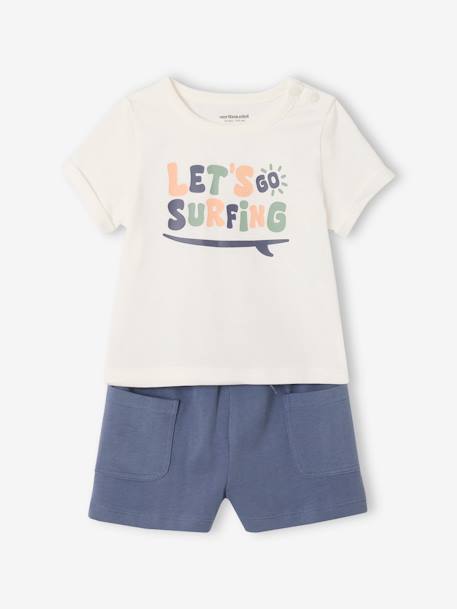 T-shirt met print + korte broek voor baby indigoblauw+karamel - vertbaudet enfant 
