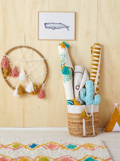 Panier de rangement en jute bicolore avec pompons blanc - vertbaudet enfant 