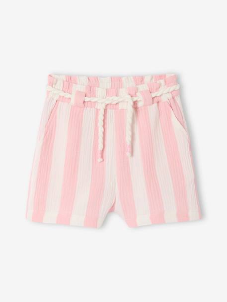 Short à larges rayures fille avec ceinture cordelette fille rose bonbon - vertbaudet enfant 