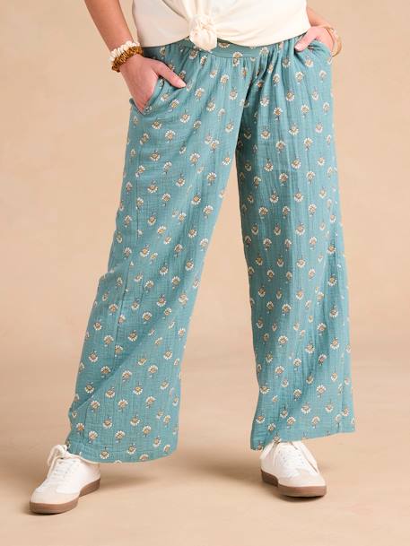 Ruime zwangerschapsbroek van katoenen gaas met ENVIE DE FRAISE print en band groen - vertbaudet enfant 