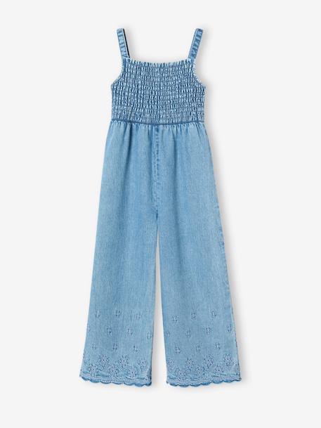Gebloemde gesmokte meisjesjumpsuit in lichte denim lichtblauw - vertbaudet enfant 