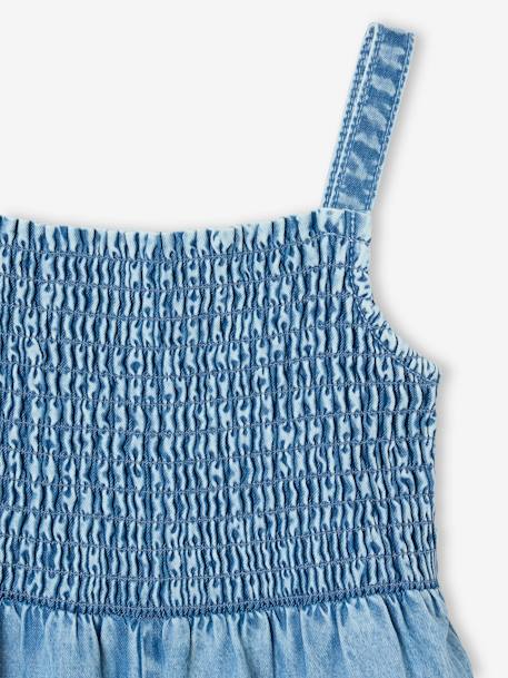 Gebloemde gesmokte meisjesjumpsuit in lichte denim lichtblauw - vertbaudet enfant 