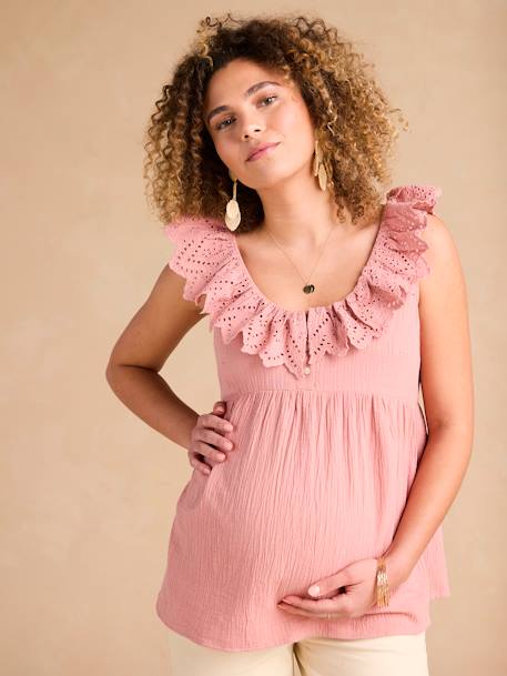 Zwangerschapsblouse ENVIE DE FRAISE van katoenen gaas met een kraag met Engels borduurwerk terracotta - vertbaudet enfant 