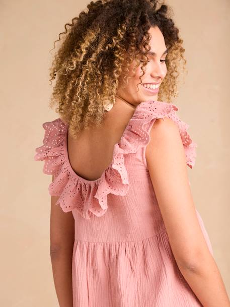 Zwangerschapsblouse ENVIE DE FRAISE van katoenen gaas met een kraag met Engels borduurwerk terracotta - vertbaudet enfant 