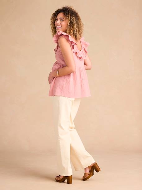 Zwangerschapsblouse ENVIE DE FRAISE van katoenen gaas met een kraag met Engels borduurwerk terracotta - vertbaudet enfant 