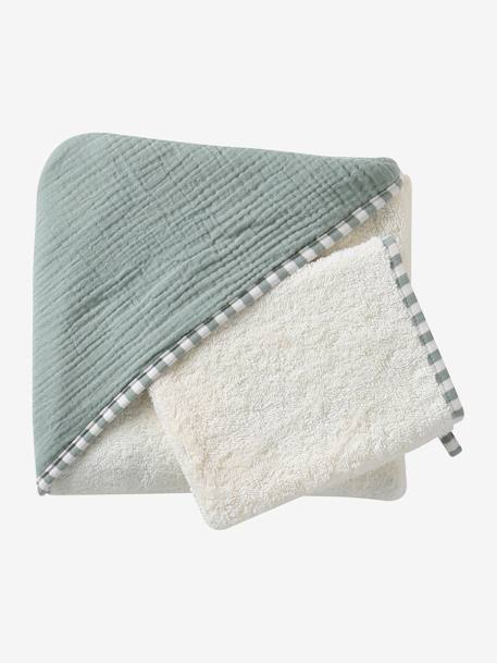 Coffret cadeau naissance cape de bain réversible personnalisable et gant vert sauge - vertbaudet enfant 