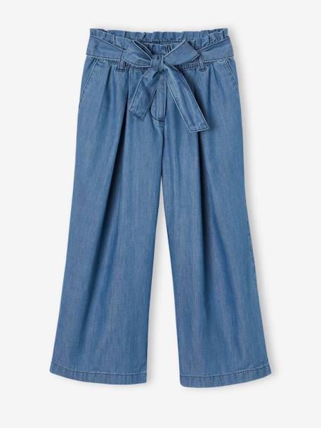 Fille-Pantacourt fille large en denim léger style "paperbag" 