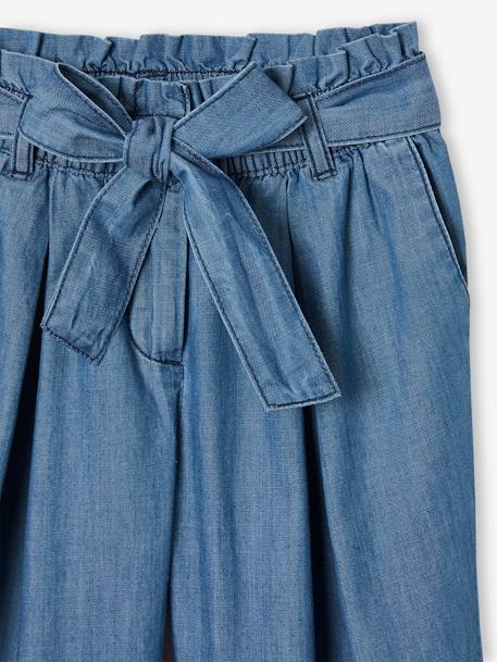 Pantacourt fille large en denim léger style 'paperbag' bleu moyen+double stone - vertbaudet enfant 