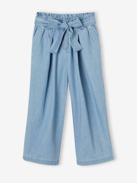 Pantacourt fille large en denim léger style 'paperbag' bleu moyen+double stone - vertbaudet enfant 