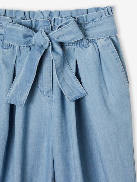 Pantacourt fille large en denim léger style 'paperbag' bleu moyen+double stone - vertbaudet enfant 