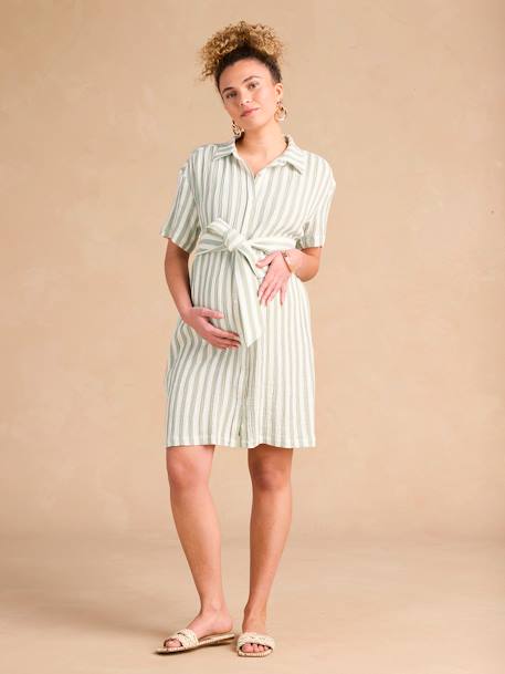 Robe chemise à larges rayures grossesse et allaitement en gaze de coton vert sauge - vertbaudet enfant 