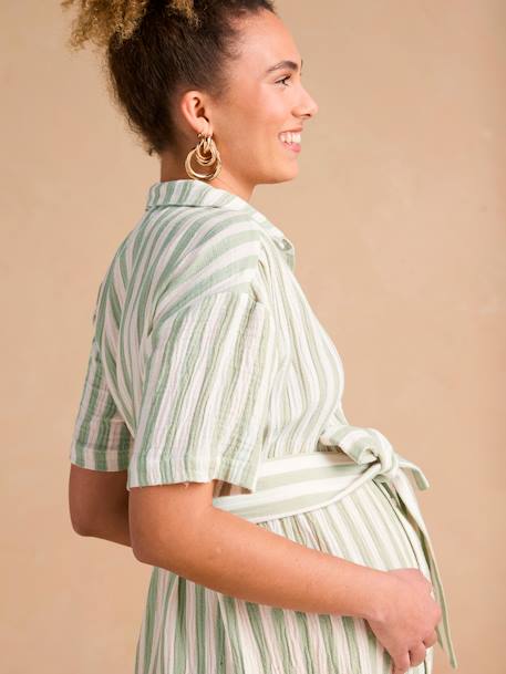 Robe chemise à larges rayures grossesse et allaitement en gaze de coton vert sauge - vertbaudet enfant 