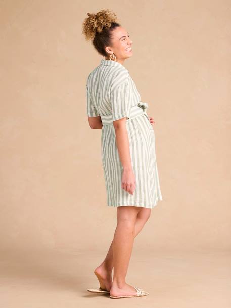 Robe chemise à larges rayures grossesse et allaitement en gaze de coton vert sauge - vertbaudet enfant 
