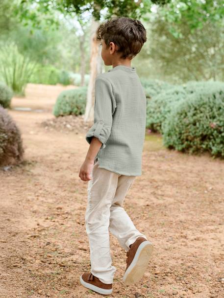 Chemise en gaze de coton personnalisable garçon manches retroussables écru+vert d'eau - vertbaudet enfant 