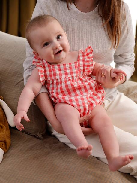 Barboteuse vichy naissance sans manches framboise - vertbaudet enfant 