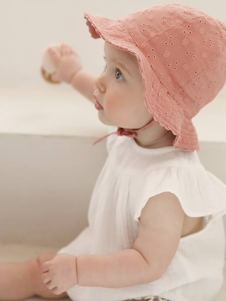 Chapeau en broderie anglaise bébé fille écru+vert sauge+vieux rose - vertbaudet enfant 