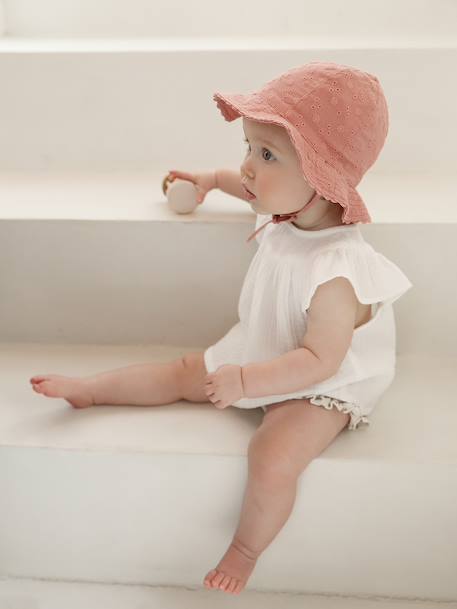 Chapeau en broderie anglaise bébé fille écru+vert sauge+vieux rose - vertbaudet enfant 