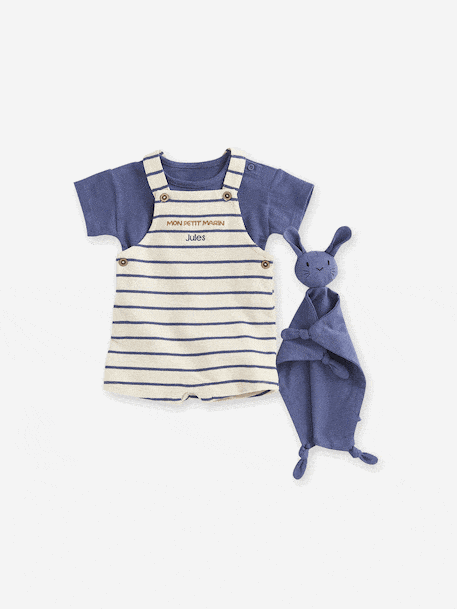 Coffret 3 pièces tee-shirt + salopette personnalisable + doudou bébé rayé bleu+vert sauge - vertbaudet enfant 