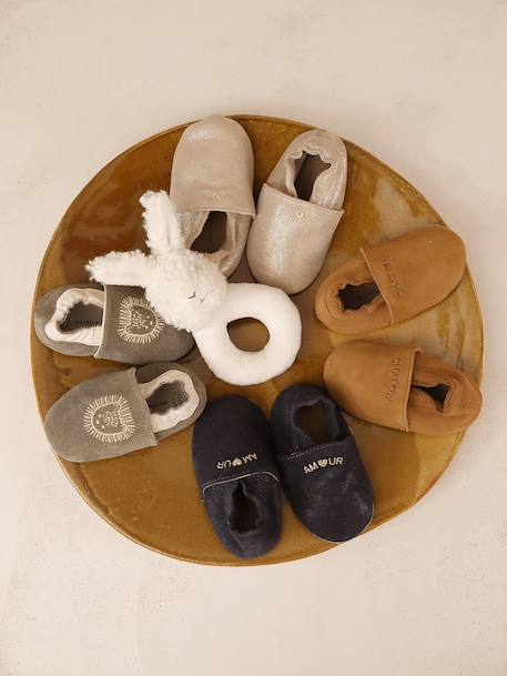 Chaussons bébé cuir souple blanc imprimé+bleu nuit+or+rose poudré - vertbaudet enfant 