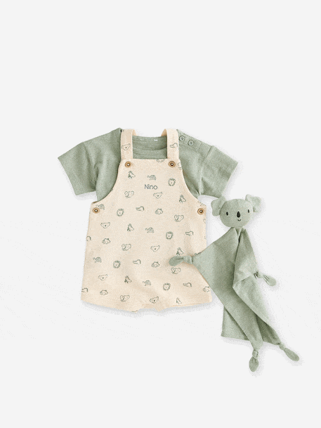 Coffret 3 pièces tee-shirt + salopette personnalisable + doudou bébé rayé bleu+vert sauge - vertbaudet enfant 
