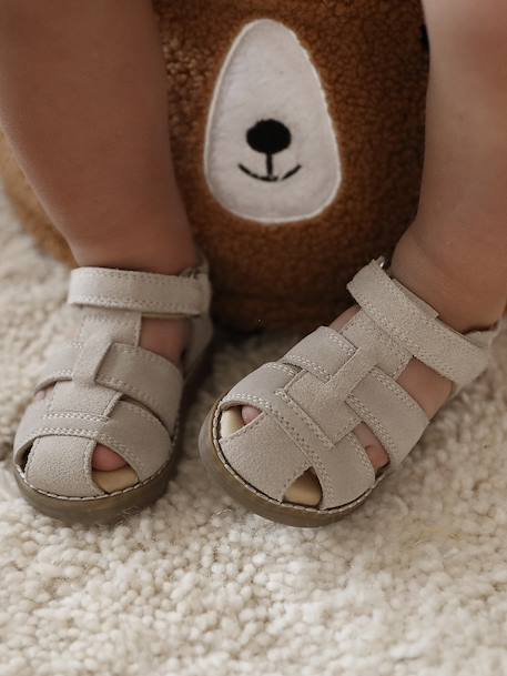 Sandales bébé fermées cuir à scratchs bleu jean+sable - vertbaudet enfant 