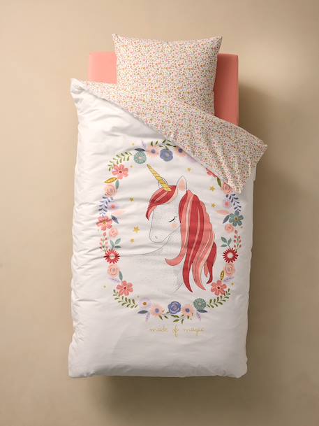 Dekbedovertrekset + kussensloop kind PETITE LICORNE, met gerecycled katoen wit, bedrukt - vertbaudet enfant 