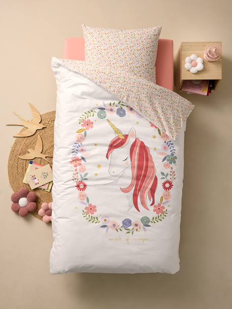 Dekbedovertrekset + kussensloop kind PETITE LICORNE, met gerecycled katoen wit, bedrukt - vertbaudet enfant 