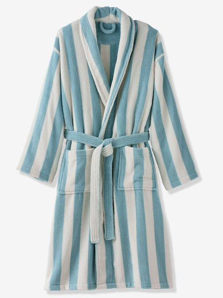 Peignoir de bain adulte mixte rayures TRANSAT capsule famille personnalisable, avec coton recyclé rayé bleu+rayé vert - vertbaudet enfant 