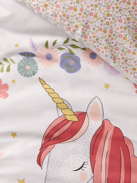 Dekbedovertrekset + kussensloop kind PETITE LICORNE, met gerecycled katoen wit, bedrukt - vertbaudet enfant 