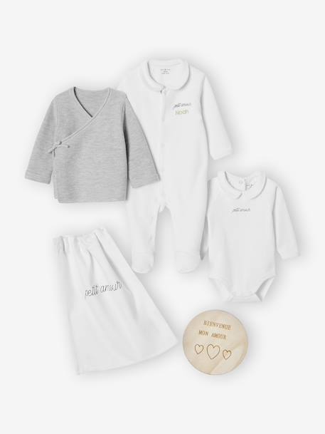 Geboorteset: beha, romper, pyjama, welkomstkaart en ENVIE DE FRAISE zakje wit - vertbaudet enfant 